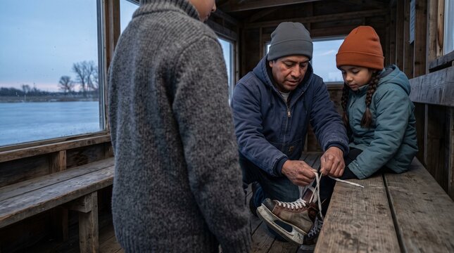 Caring father helping his young daughter tie her ice skates inside a rustic wooden shelter near a frozen lake during winter