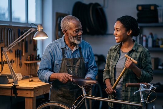 Senior male mechanic and young woman talking while repairing a vintage bicycle together in a dimly lit garage workshop with tools on the wall
