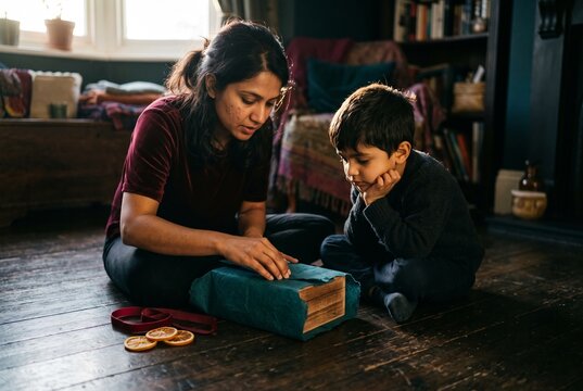 Mother and young son sitting on a wooden floor wrapping a wooden gift box in green fabric with dried orange slices and red ribbon in a cozy living room