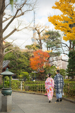 Couple wearing traditional kimono walking in autumn Asakusa temple garden with Tokyo Skytree view. Taito, Tokyo, Japan.