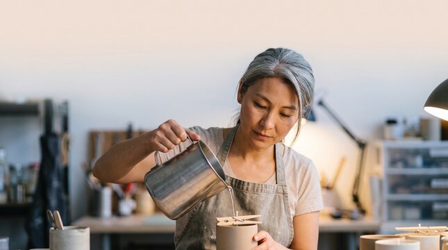 Focused mature Asian woman artisan pouring melted wax from a metal pitcher into a ceramic container while crafting handmade scented candles in her studio