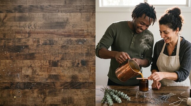 Happy diverse couple pouring melted wax into a jar while making handmade candles together in a workshop, alongside a rustic wooden texture background