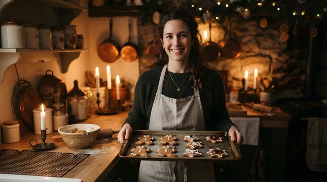 Smiling woman holding a tray of baked gingerbread cookies in kitchen