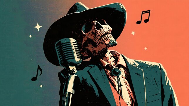 Retro skull singer in wide brim hat and sunglasses singing into a chrome microphone, teal and coral duotone backdrop for jazz night flyer and party poster