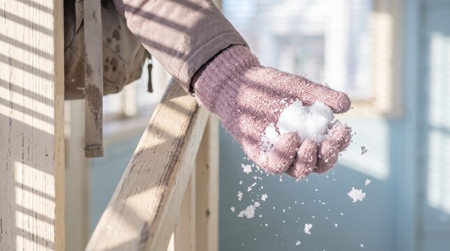 Close-up of a person wearing a pink knitted glove holding and crumbling fresh white snow over a wooden railing in bright winter sunlight