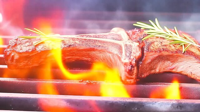 激しい炎が上がる鉄板グリルの上で分厚い肉が豪快に焼き上がる屋外バーベキューの臨場感あふれる空間風景