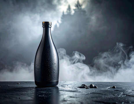 霧が立ち込める薄暗い森を背景に置かれたマットな質感の黒いボトルと黒い石の重厚なイメージ　ビジネスにおけるリスクや課題を想起させるトラブルの予兆を表現したダークでミステリアスな雰囲気の構図　企業の問題解決や警告を伝えるプレゼン資料の表紙、Webサイトのバナー広告、SNSの投稿画像、高級飲料やブランディングの宣伝素材　日本酒, 焼酎, 