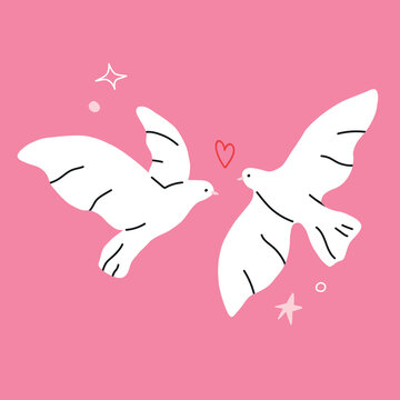Pair of white doves flying toward each other with a small pink heart between them. Romantic hand drawn flat cartoon illustration for Valentine cards, wedding invitations, anniversary greetings and lov