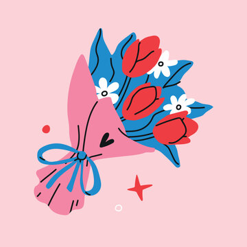 Bright hand drawn bouquet of red tulips  flowers wrapped with a pink paper and tied with a blue bow. Colorful flat floral illustration for greeting cards, birthday wishes, thank you designs and spring