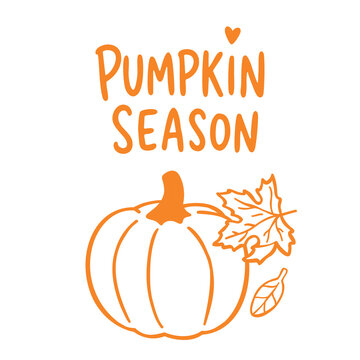 Pumpkin Season lettering with an outlined pumpkin and autumn leaves. Minimal hand drawn flat illustration for fall posters, harvest greeting cards, Thanksgiving decorations and seasonal printables.