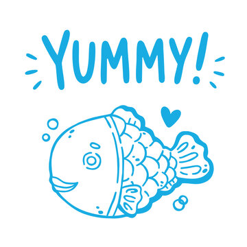 Cute fish-shaped Asian sweet with Yummy lettering in a hand drawn flat doodle style. Playful food illustration for Japanese dessert menus, bakery branding, Asian street food graphics and cute food sti
