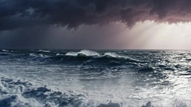 Dramatic stormy ocean waves crashing under dark thunderclouds with sun rays piercing through a moody sky