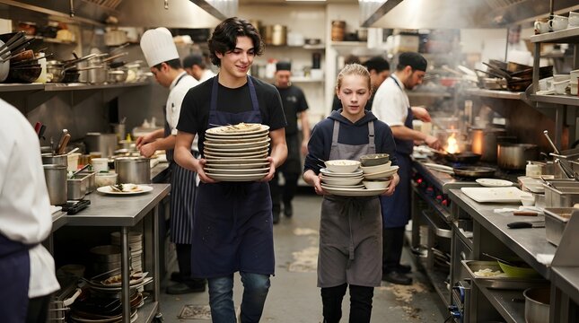 Young kitchen staff carrying stacks of dirty plates in a restaurant