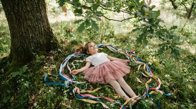 A young girl lying on the grass surrounded by colorful ribbons