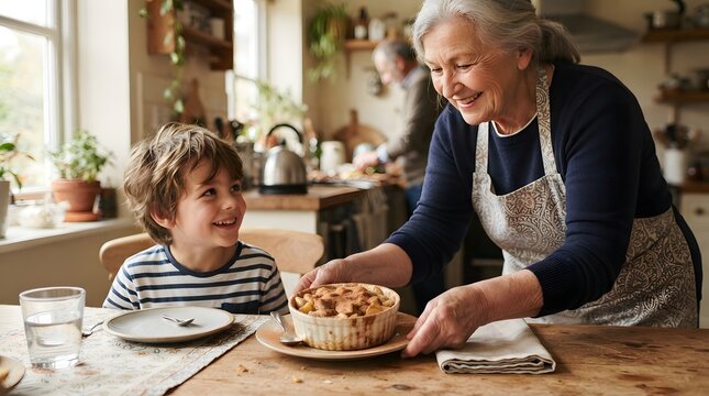 Grandmother serving a freshly baked apple dessert to her grandson