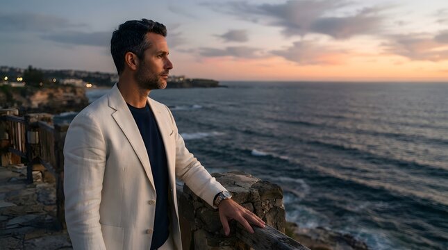 Man in a white blazer looks at the ocean during sunset