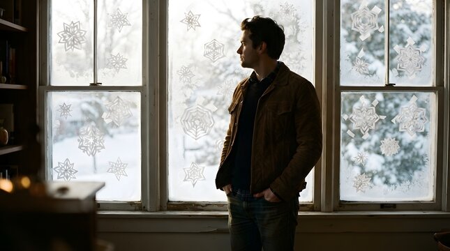 Man standing by window decorated with paper snowflakes in winter