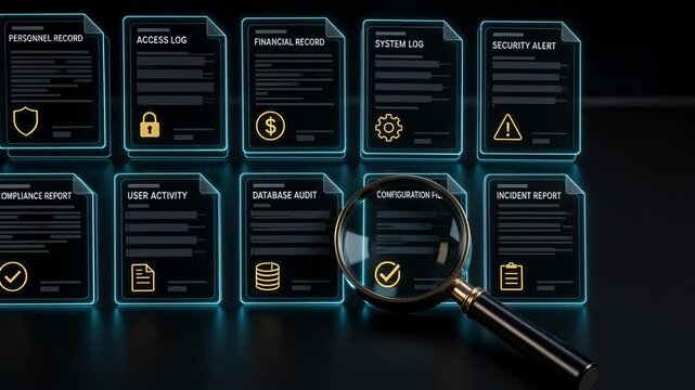 Digital data auditing and cyber security compliance concept featuring magnifying glass inspecting glowing electronic document logs and system reports on dark futuristic background