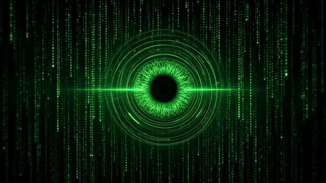 Abstract digital eye scanning in green code background with data rain stream for cybersecurity and artificial intelligence concept