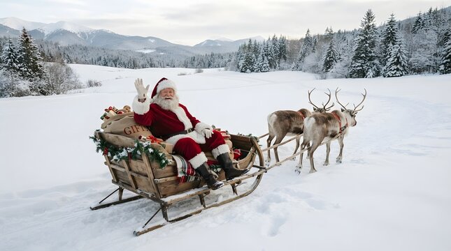 Man dressed as santa claus waving from a sleigh in snowy landscape