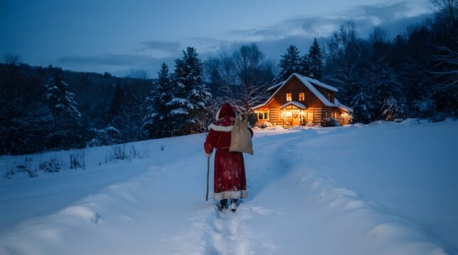 Person in red coat walking through snowy landscape toward wooden house