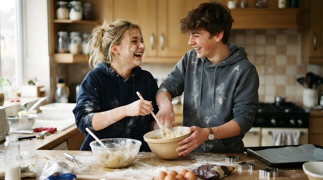 Teenage couple laughing while baking together in a kitchen