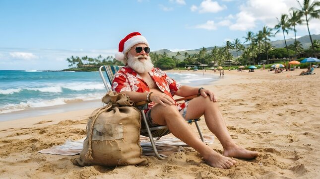 Santa claus relaxing in a folding chair on a tropical beach