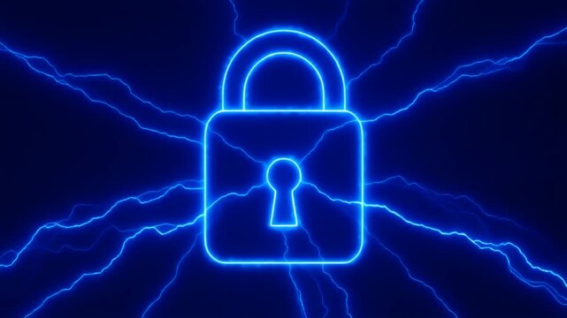 青白色に激しく発光する南京錠のシンボルと周囲を駆け巡る青い電撃が完璧なデータセキュリティと強固な鍵を象徴するクローズアップ