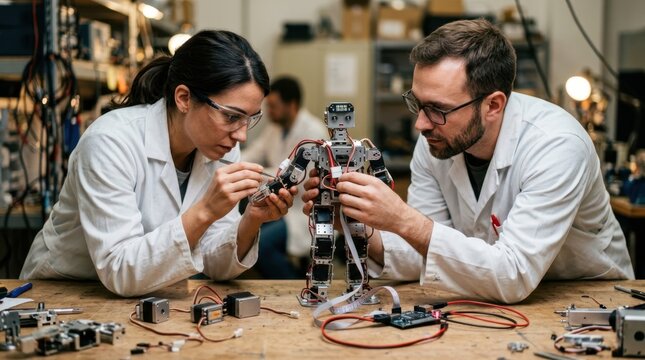 Two engineers adjusting a small humanoid robot with servo motors and a circuit debugger in a robotics lab