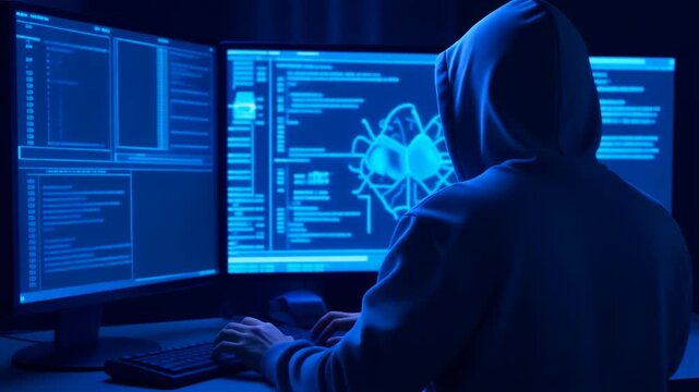 青く発光するモニターに映し出された複雑なコードを凝視しながら静かにキーボードを叩き続けるフード姿の人物のミステリアスな後姿