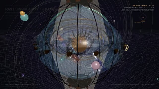 Abstract scientific visualization of white hole genesis, spacetime inversion, and quantum expulsion cascade with complex mathematical formulas and physics diagrams in a futuristic glowing HUD