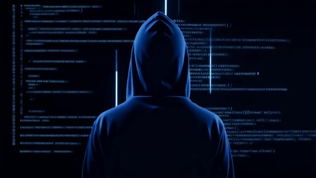 黒いフードを深く被った謎の人物と背後に浮かび上がるプログラミングコードが緊迫感を醸し出すサイバーセキュリティの情景