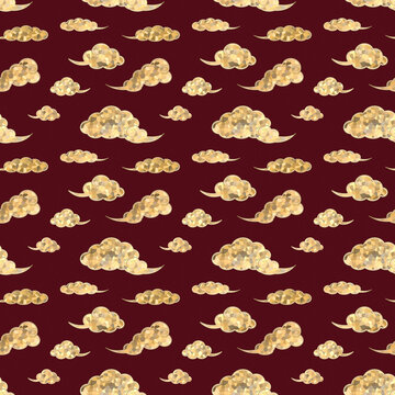 えんじ色の背景に金箔のモザイクで描いた瑞雲が散りばめられた華やかな和柄の金雲シームレスパターン