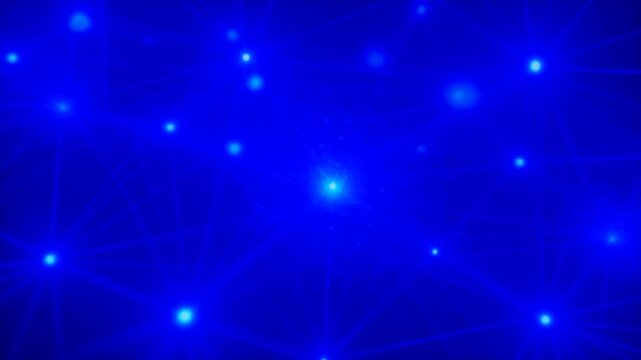 青く輝く多角形の結び目と鮮明な光の粒子がデータの結合と高速な情報移動を象徴的に示すデジタルネットワークの拡大図