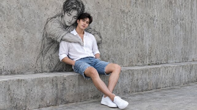 Young man sitting against concrete wall with sketch art portrait
