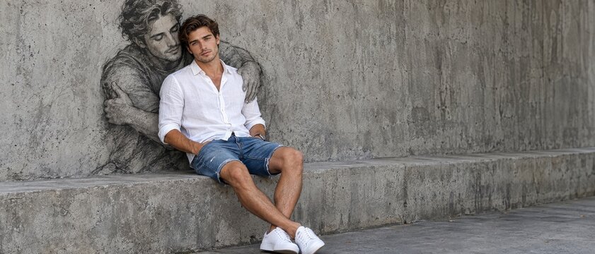 Young man in white shirt sitting against a concrete wall with mural