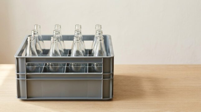 Empty reusable glass bottles in a grey plastic crate for a refill and return system