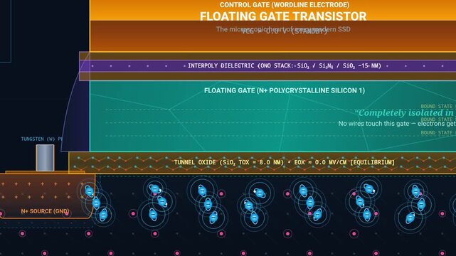 Floating gate transistor animation showing quantum tunneling of electrons in a solid state drive memory cell, demonstrating how a write pulse traps charge to store data in flash memory