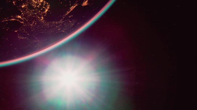 A stunning view of Earth from space where vibrant sunlight breaks through the atmosphere. Cities twinkle below while the sun sends dazzling rays into the cosmos.