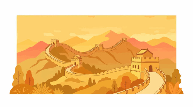 Stylized vector illustration of the Great Wall of China winding through majestic mountain peaks with watchtowers and autumn trees in a warm golden and orange color palette.
