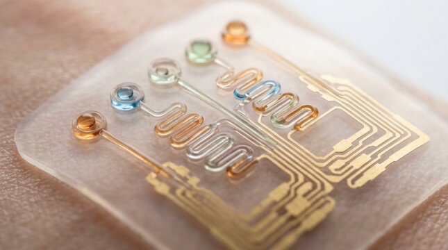 Macro view of epidermal microfluidic sensor array with serpentine microchannels, colored reagent droplets, and gold circuit traces on flexible transparent silicone.