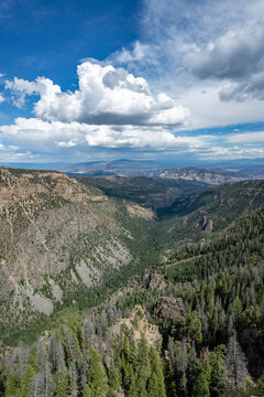 Elevated view of Deep Creek and surrounding mountains from Deep Creek Overlook in Colorado Flat Tops Wilderness under sunny summer cloudscape.