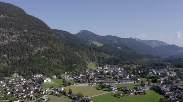 Drone flight over Lofer, Saalachtal, Pinzgau, Land Salzburg, Austria