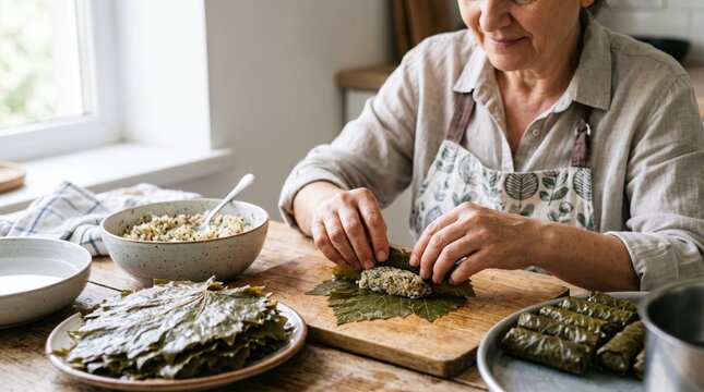 Person stuffing grape leaves with rice mixture on wooden table. Authentic preparation of grape leaves includes rolling technique and homemade filling.