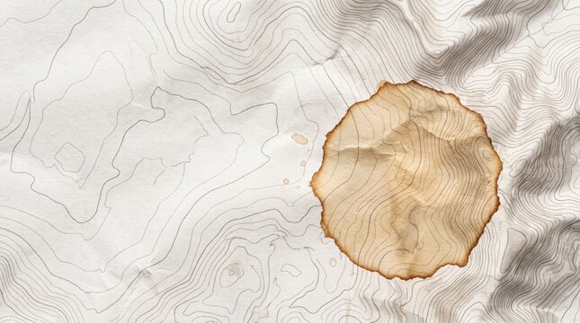 Topographic map with coffee stain effect showing contours and terrain details. Topographic map features intricate lines and coffee stain creating unique texture.