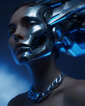 Futuristic Cybernetic Woman with Metallic Facial Armor in Blue Light