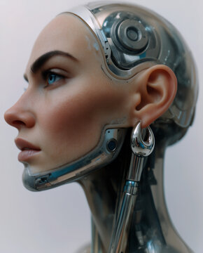 Futuristic Cybernetic Woman with Metallic Robotic Head Details