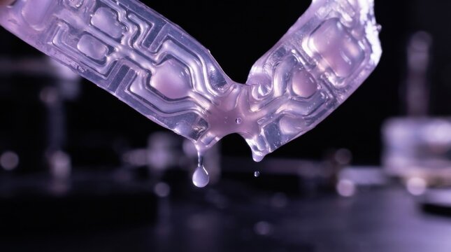 Macro detail of a multi-chambered elastomeric soft actuator releasing micro-droplets of therapeutic anti-inflammatory solution through etched microchannels.