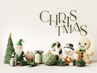 Obraz na płótnie Canvas Green Santa Claus with Christmas decoration and text on beige background. Christmas greeting card design. 3D Rendering, 3D Illustration