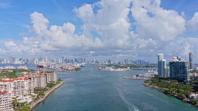 Luxury skyscraper in Florida. Miami south beach aerial view. Landscape of Miami south beach. Atlantic coast view. Aerial view on south pointe park. Landscape aerial of Miami skyscraper architecture